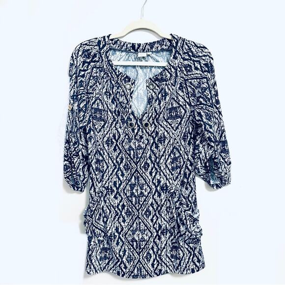 St. Tropez Tunic Popover Blouse Blue White Coastal Womens Small Abstract Print - Picture 1 of 7
